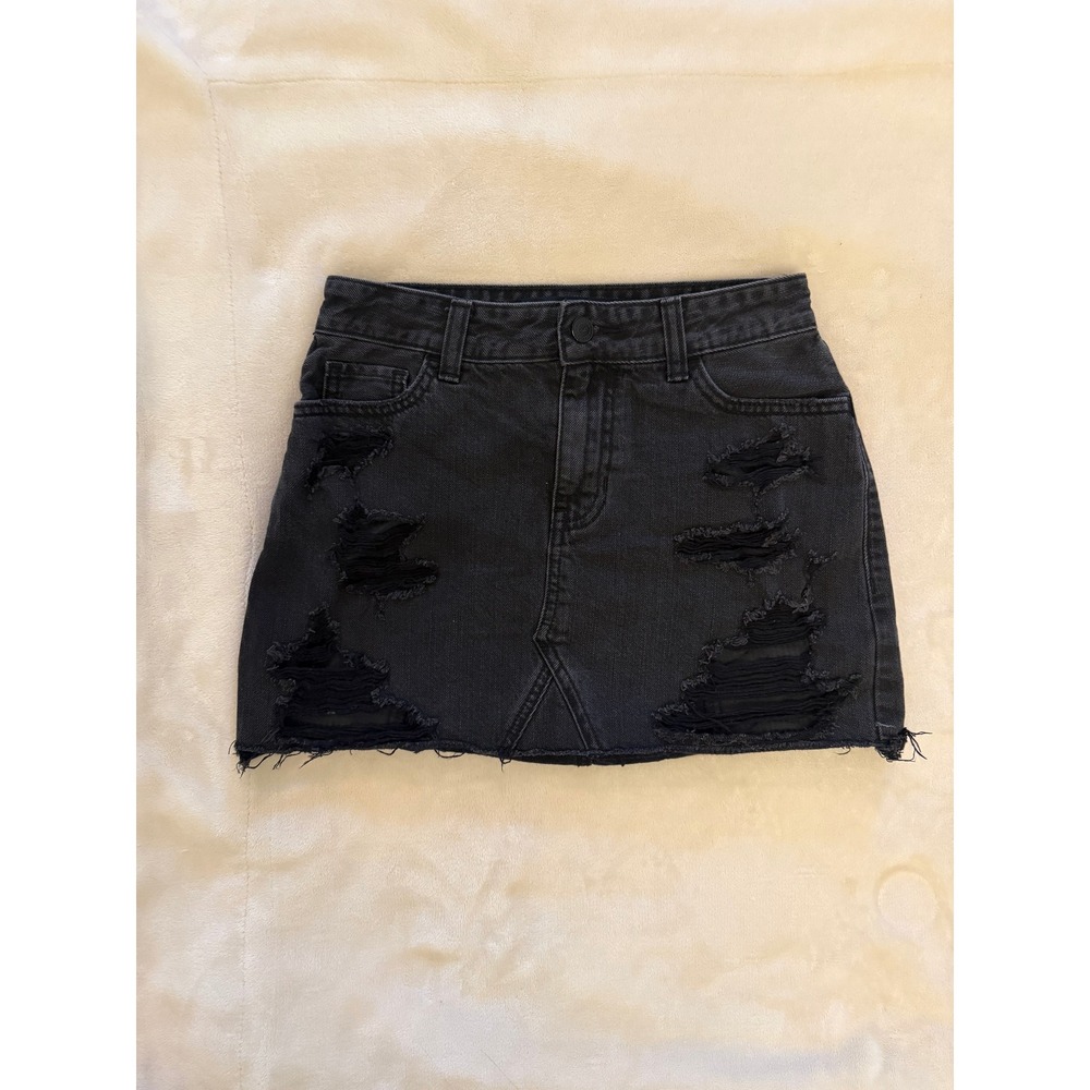Hollister‎ Black Distressed High Rise Denim Mini Skirt Size 1 W25 Frayed Cutoff